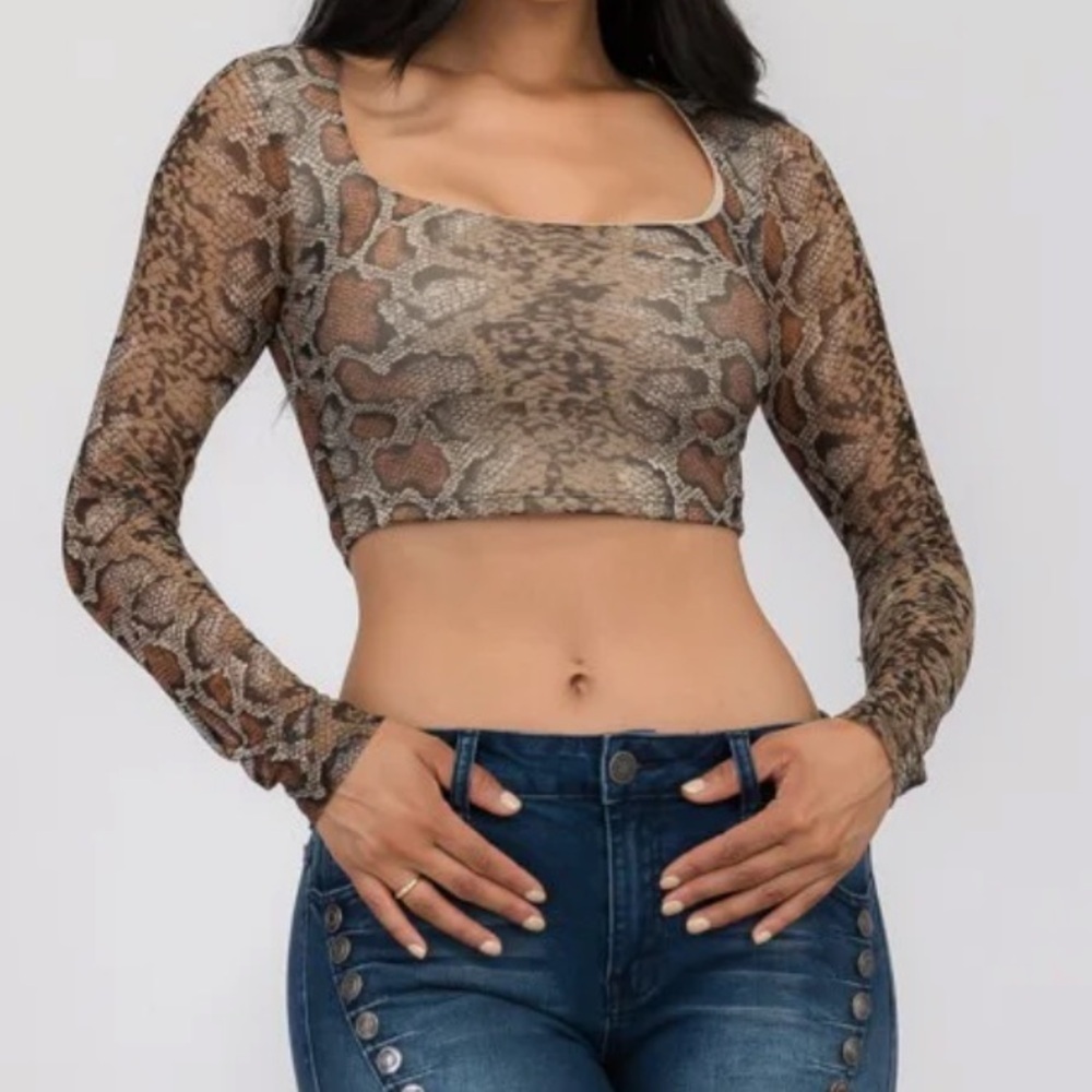 Rhapsodielle SNAKE PRINT MESH LONG SLEEVE CROP TOP Sz M Women